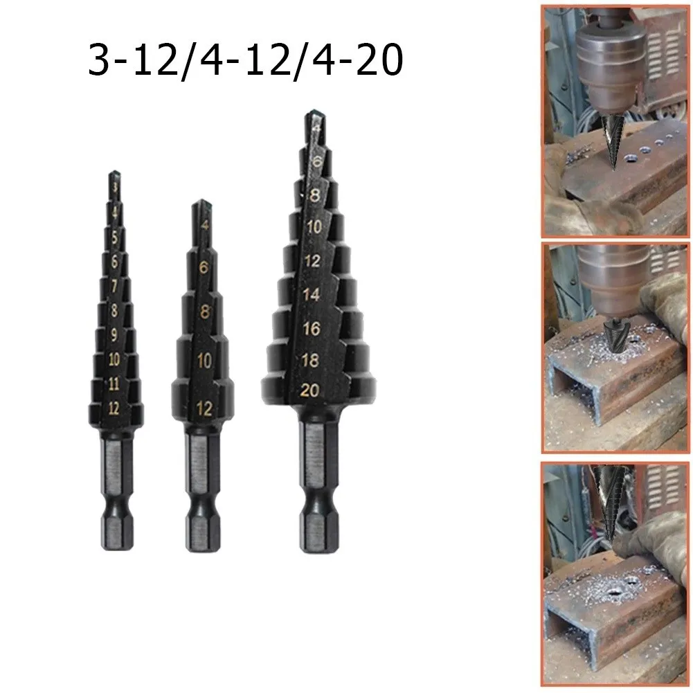 

3PCS Hss Steel Titanium Coated Step Drill Bit 3 12mm 4 12mm 4 20mm Step Cone Cutting Tool Steel Wood Metal Drilling Power Set