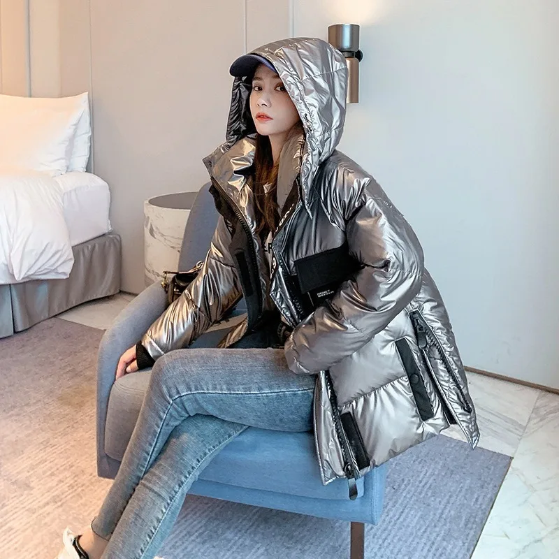 2023 New Winter Fashion Bright Black Gray Hooded Loose Thick Warmth Female Short Bread Coat Jacket Women Winter