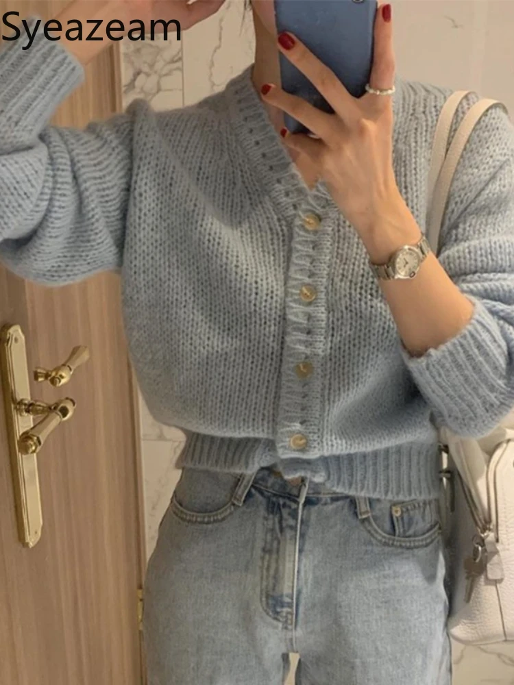 

Милые кардиганы, противотуманная синяя мягкая японская Весенняя однобортная Женская куртка с V-образным вырезом, стандартная корейская мод...