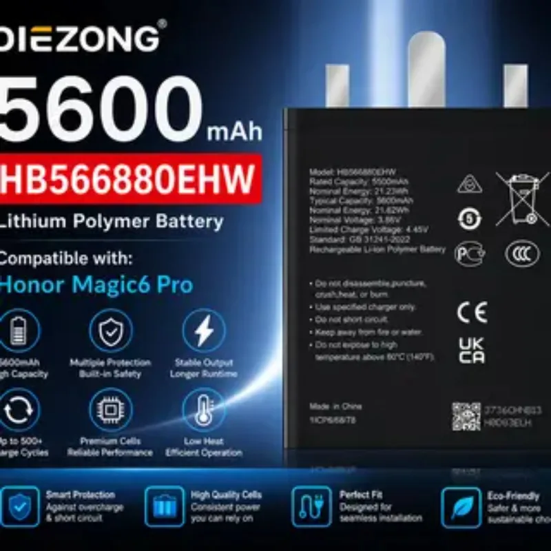 Фото 3.86В 5600мАч Подходит для аккумулятора Huawei Honor Magic 6 Pro HB566880EHW. Новый аккумулятор для мобильного телефона с большой емкостью. №1