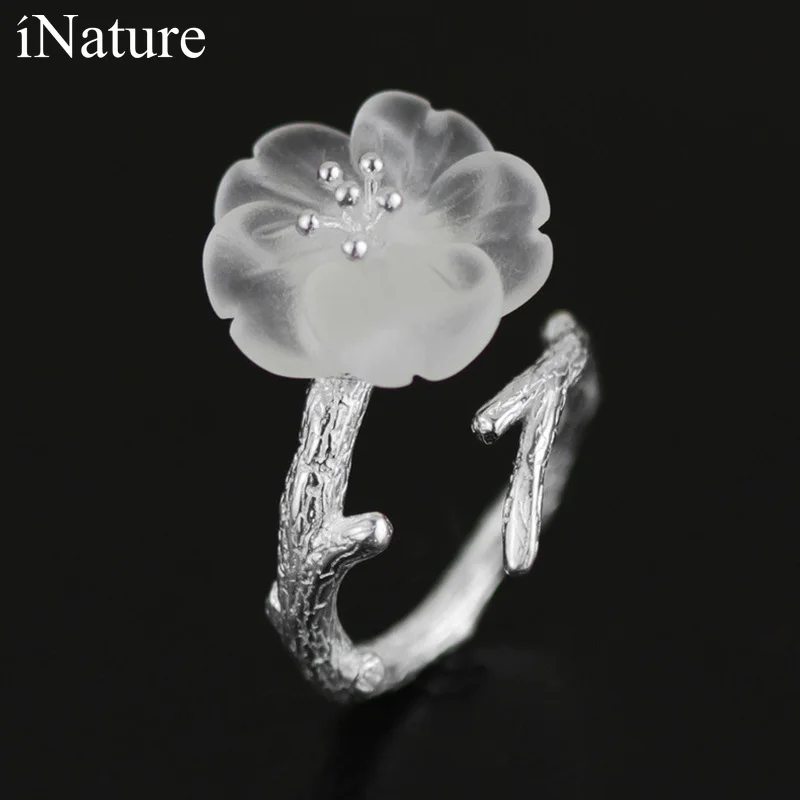 

INATURE Natural Crystal Flower on Branch Adjustable Ring 925 Sterling Silver Wedding Rings for Women Jewelry