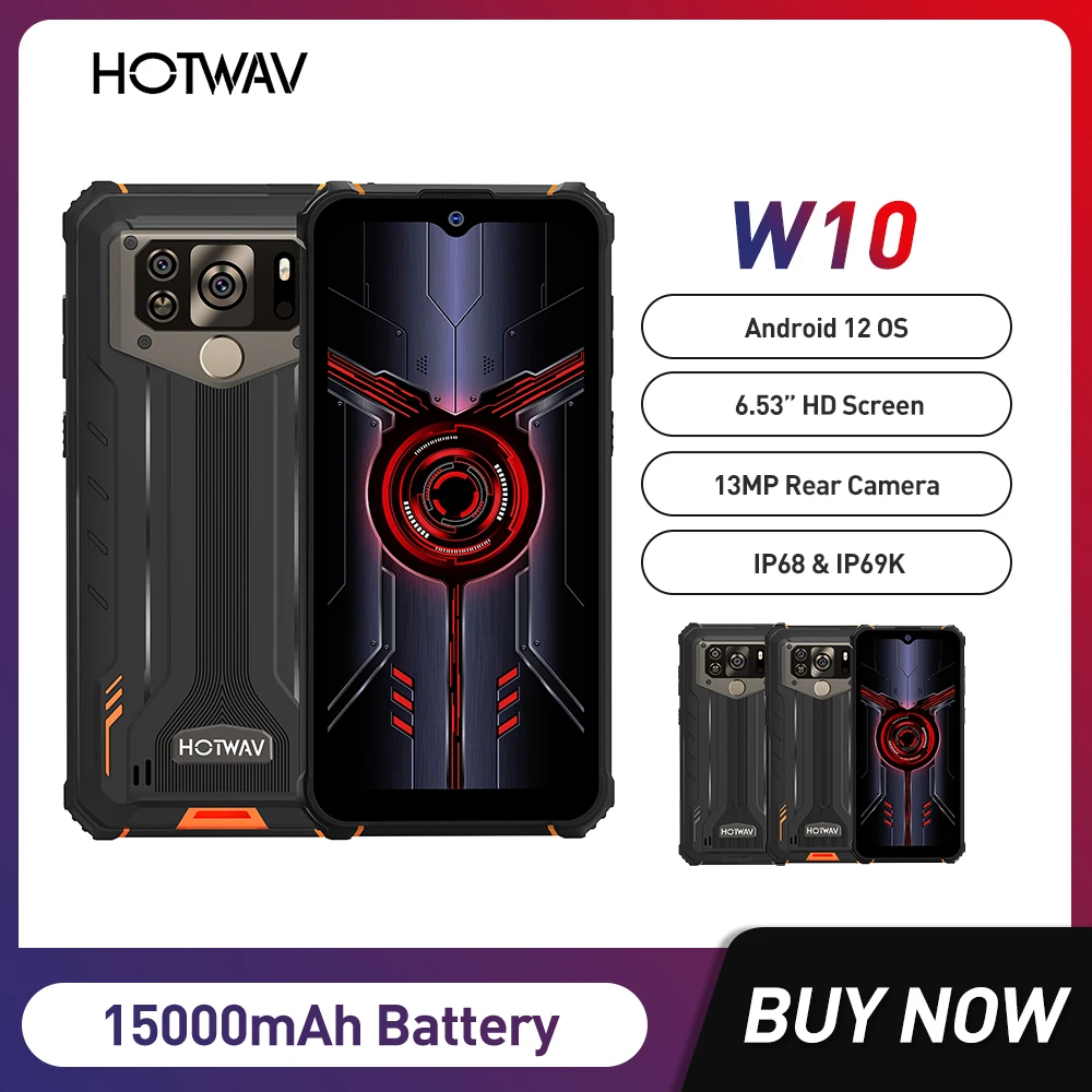 

HOTWAV W10 15000mAh Rugged Smartphone Android 12 Mobile Phone 13 MP Camera Cellphone IP68 IP69K 6.53'' HD+ 4GB 32GB