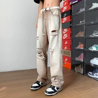 summer brown ripped baggy jeans mens fashion casual straight jeans men streetwear loose hip hop hole denim pants mens trousers