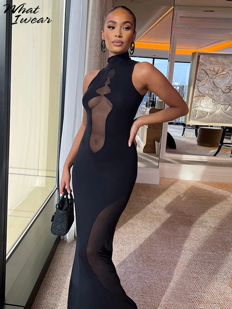 

Сексуальное сексуальное платье макси Whatiwear, женское соблазнительное лоскутное Прозрачное платье без рукавов, женская одежда