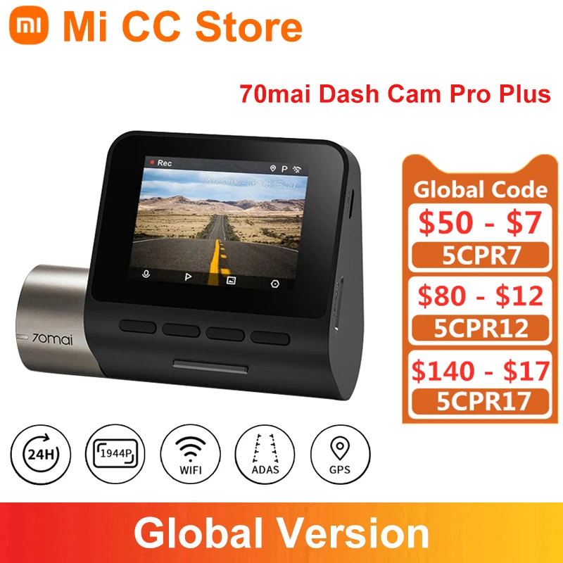 $66.99 Global Version 70mai Smart Dash Cam Pro Plus A500S Car DVR Built-in GPS 1944P Speed Coordinates ADAS 24H Parking Camcorder