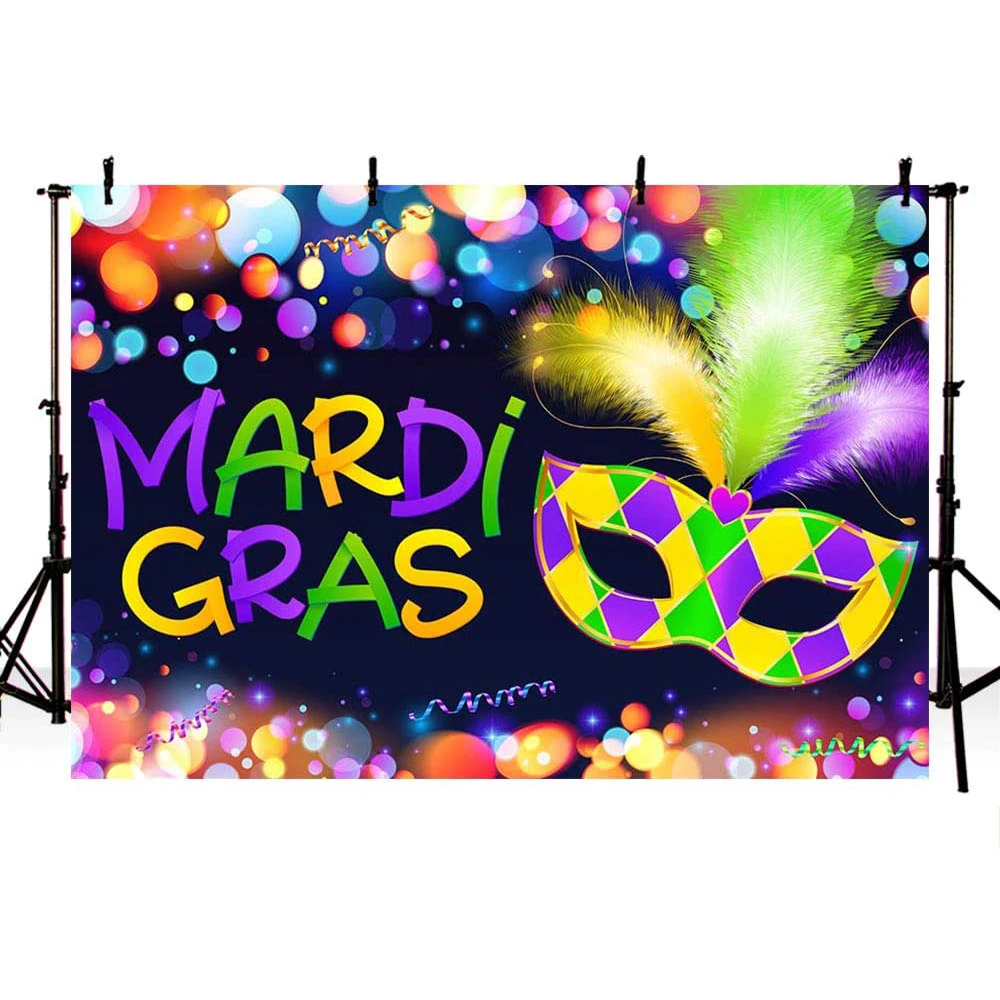 

Mardi Gras Photo Backdrop Masquerade Purple Gold Feather Glitter Mask Carnival Photography Background Party Banner Photo Booth