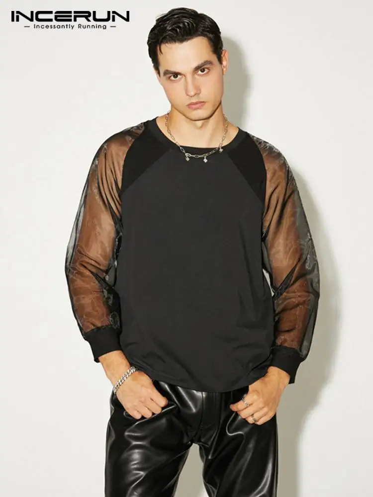 

INCERUN Tops 2022 Handsome Well Fitting Men Tees Comfortable Mesh-paneled Camiseta Sexy Leisure Long-sleeve Thin T-shirts S-5XL