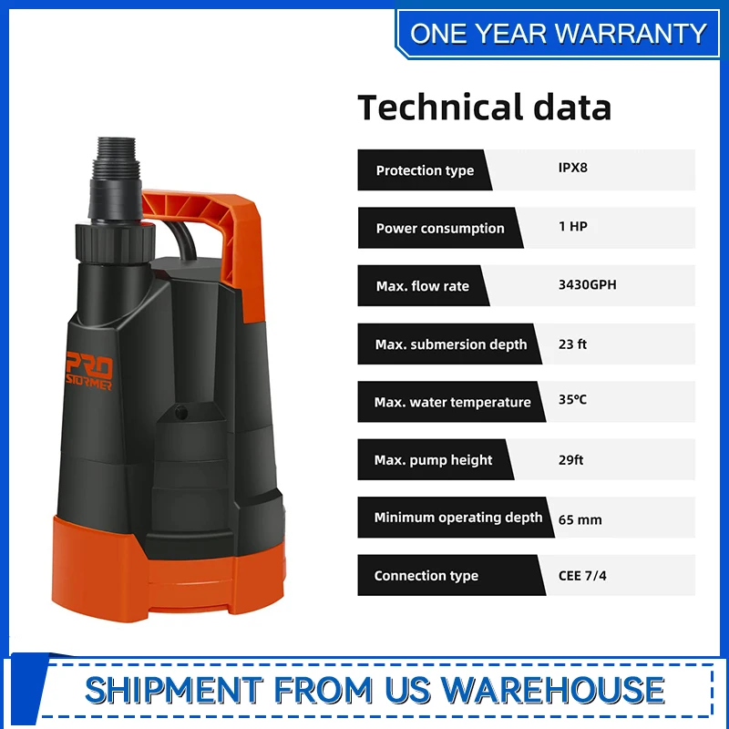 1HP 3430GPH Портативный бытовой погружной дренажный насос для бассейна и подвала