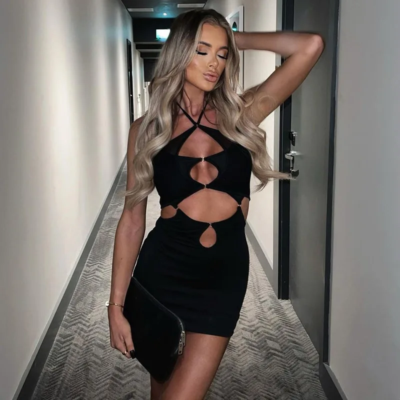 

Black Dress Hollow Out Halter Slip Tight Sleeveless V Neck Backless Mini Summer Dresses 2022 Sexy Party Evening Woman Clothes