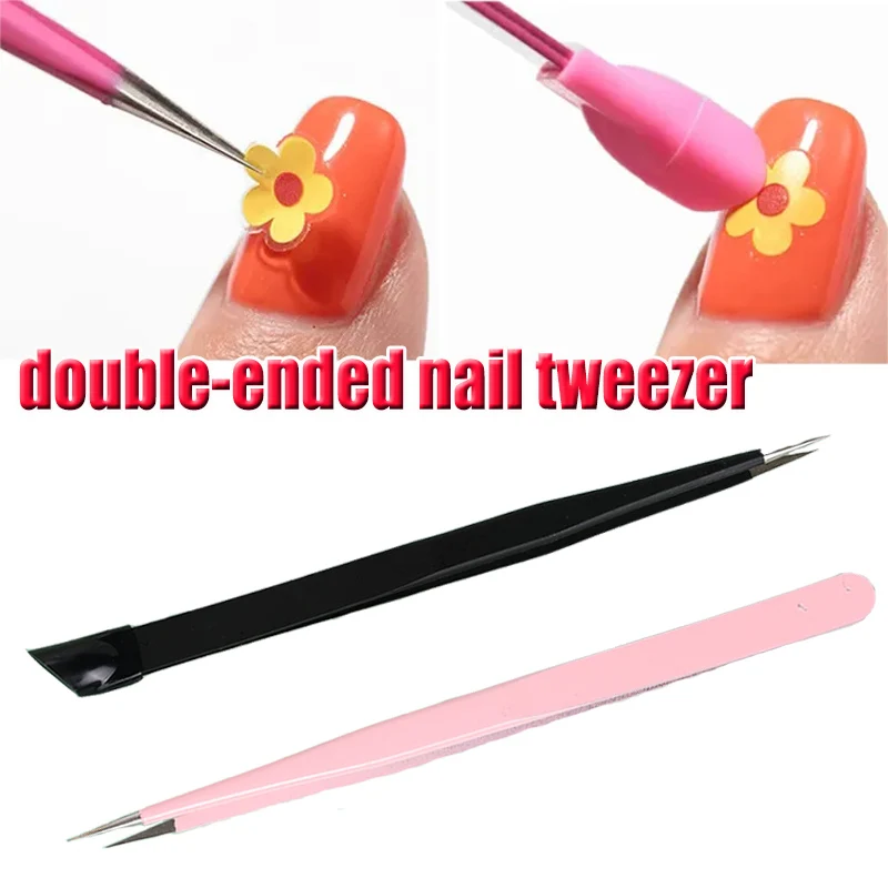 

Dual End Straight Nail Art Tweezers Picking Rhinestones Eyelash Nail Tweezer Stickers Pressing Silicone Head Manicure Tools 1PCS