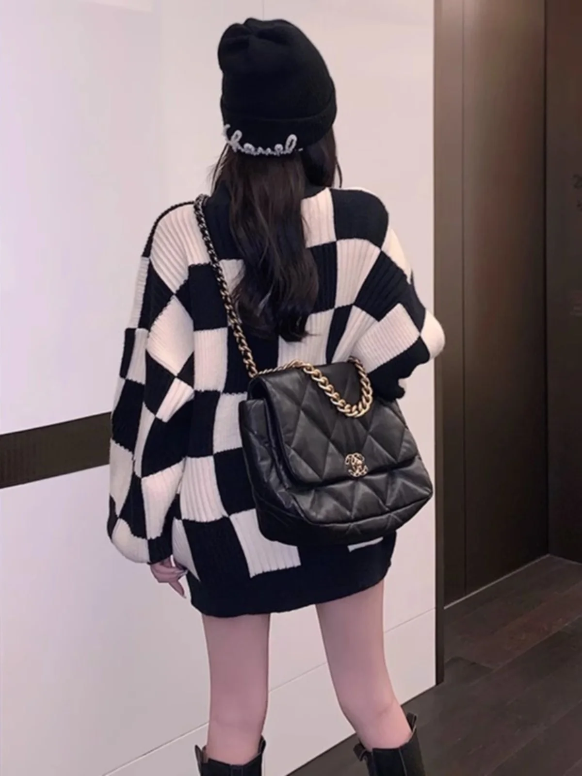 Ретро Гонконг Sle Chessboard Grid Свитер Женский с круглым вырезом Осень и зима Новый