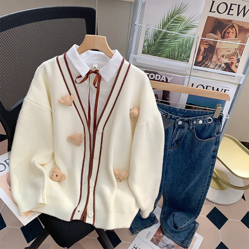

High Quality Preppy Style Cardigan Puff Sleeve Cartoon Applique Knitted Coats Cute Kawaii Sweater 2022 New Fashion Winter Jacket
