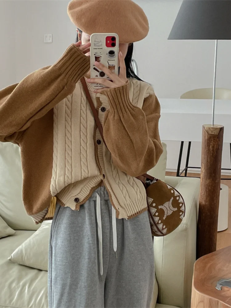 

Hsa 2022 v neck sweater women fashion new loose single breasted long sleeved cardigan sweater ins stitching oversized top