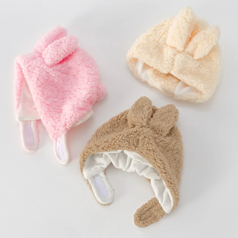 

3-24 Months Baby Solid Self-adhesive Hat Cute Rabbit Ear Cap for Boys Girls Autumn Wintter Warm Plush Kid Hat Photography Props