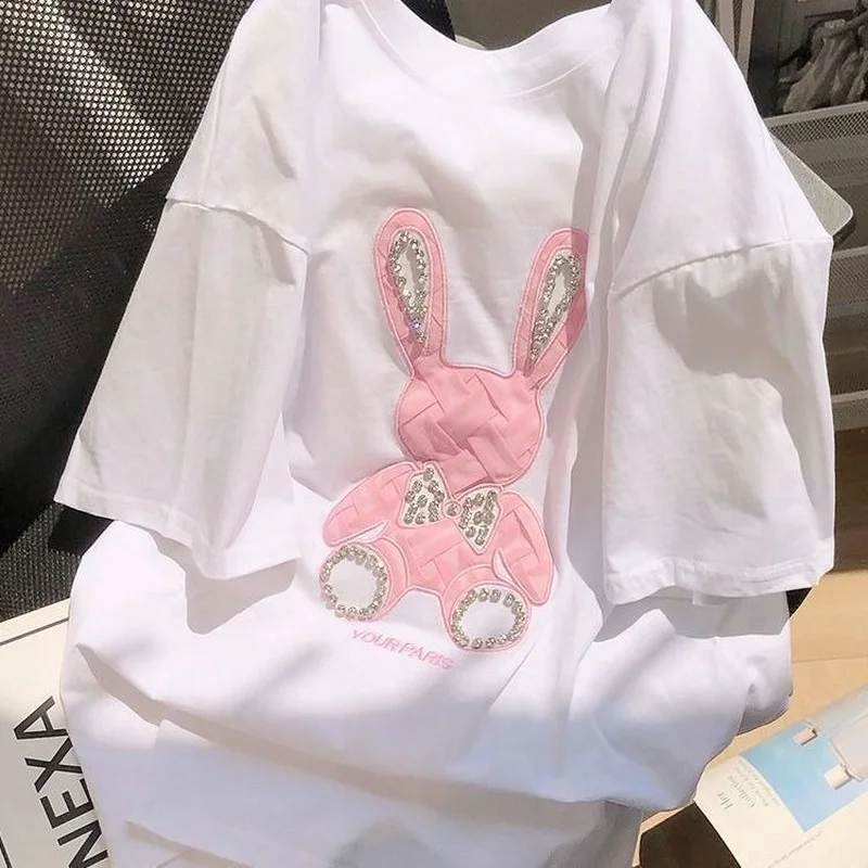 

Luxury Crystal Cartoon Embroidery Graphic T Shirts Streetwear Korean Fashion Sweet Girls 2022 Summer Large 2XL Casual Harajuku