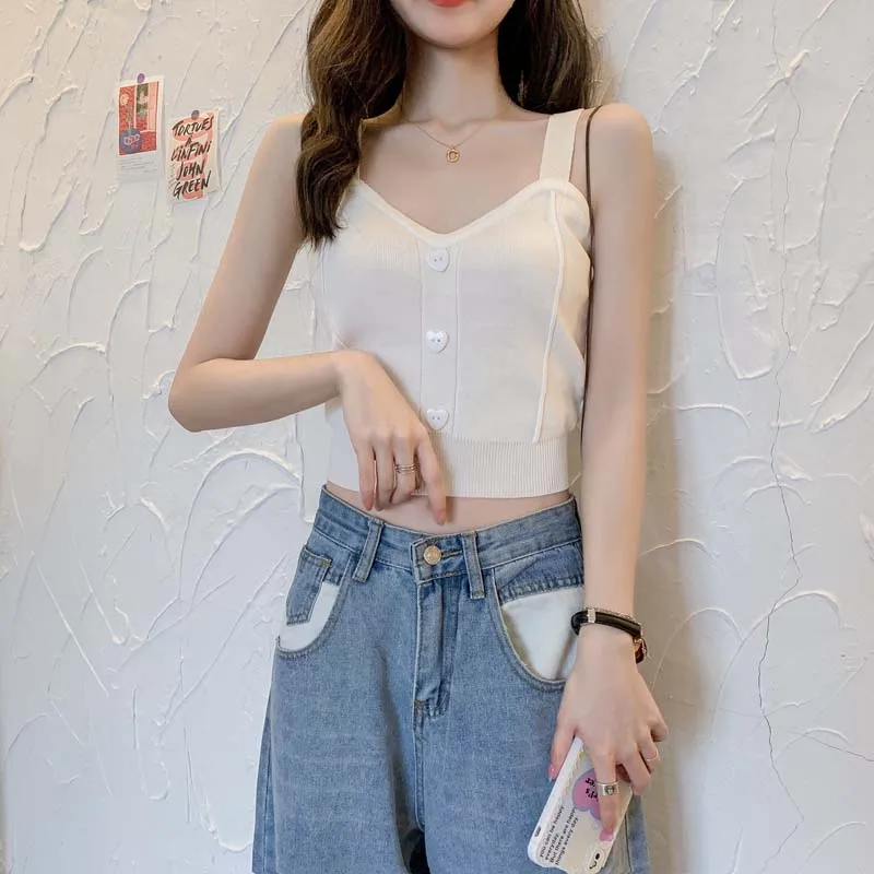 Boring Honey Single-Breasted Button V-Neck Chic Short Top Women Spring And Summer Sling Vest Knitting Fashion Clothes |