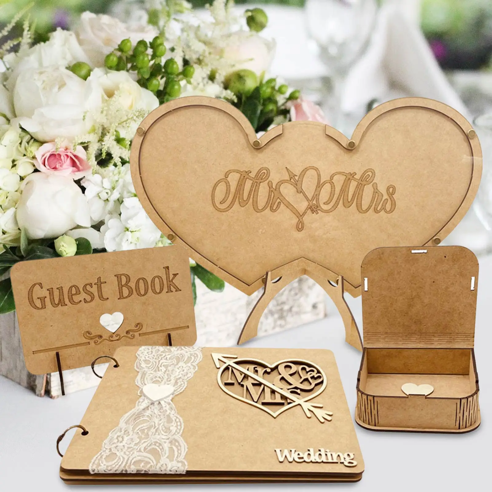 

Wood Dual-Hearts Shaped Guest Book Party Sign Decor Guest Book With Bracket Identification Cards 100 Small Wood Hearts