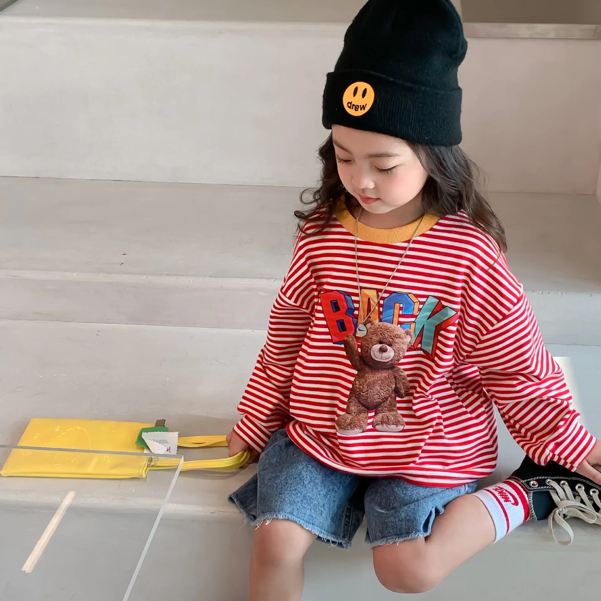 

Детская Хлопковая футболка с длинным рукавом, круглым вырезом и принтом