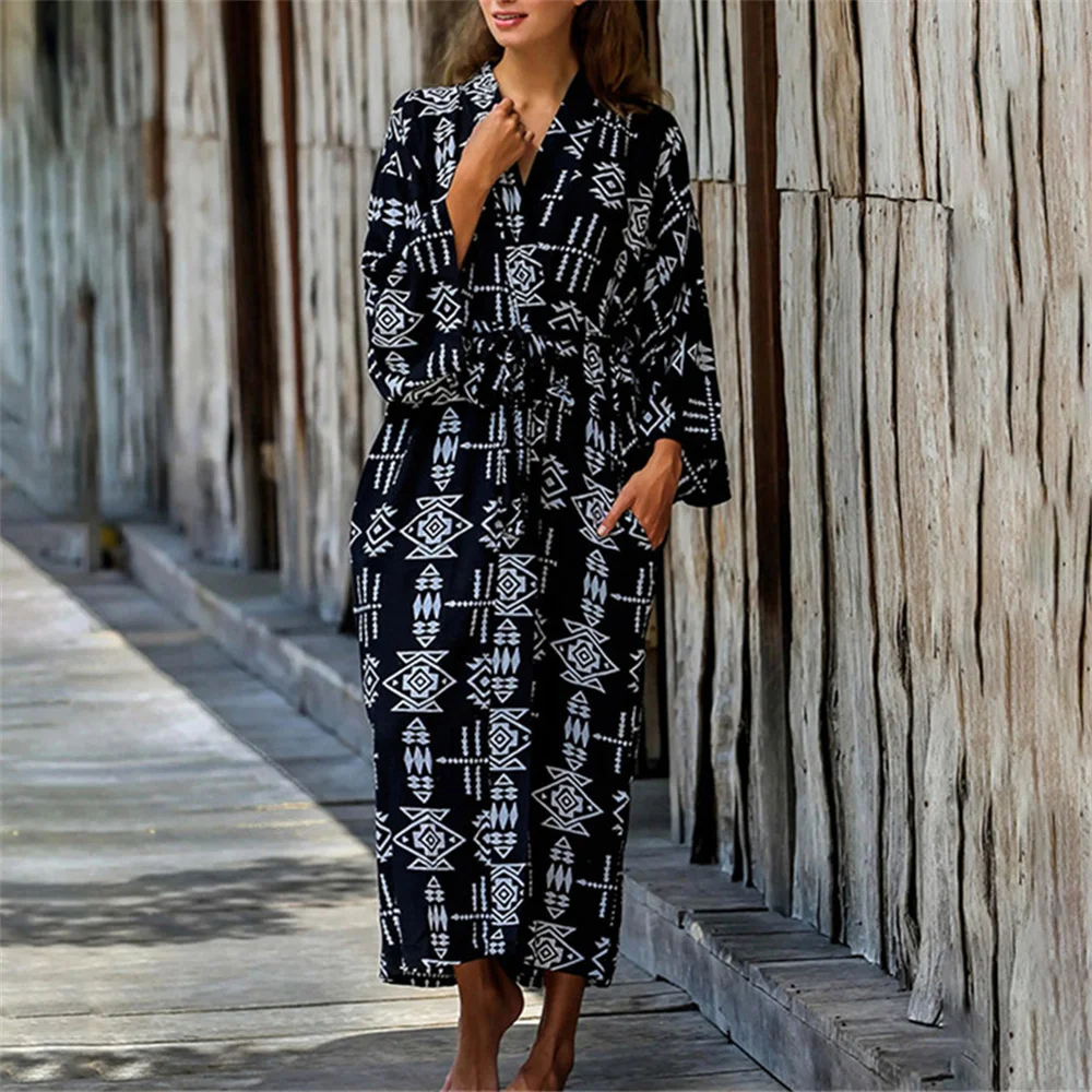 2022 Bohemian Print White Beach Bikini Cover Up Dress Tunic Long Pareos Bikinis Elegant Self Belted Kimono Robe Plage Beachwear |