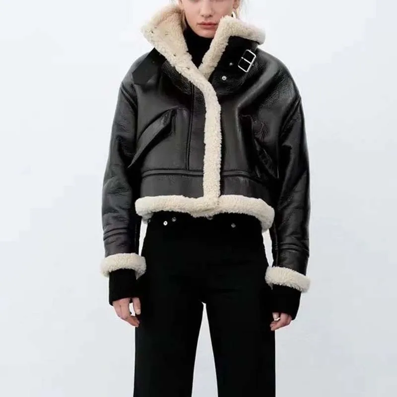 

2022 Winter New European and American Women's Fleece Imitation Leather Jacket Thickened Warm Fur Integrated Plush Leather Coat