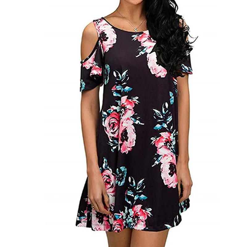 

Short Sleeve Off Shoudler Women Fashion Mini Dresses Summer Beach Casual A-Line Dress Ladies Round-Neck Flower Print Short Dress
