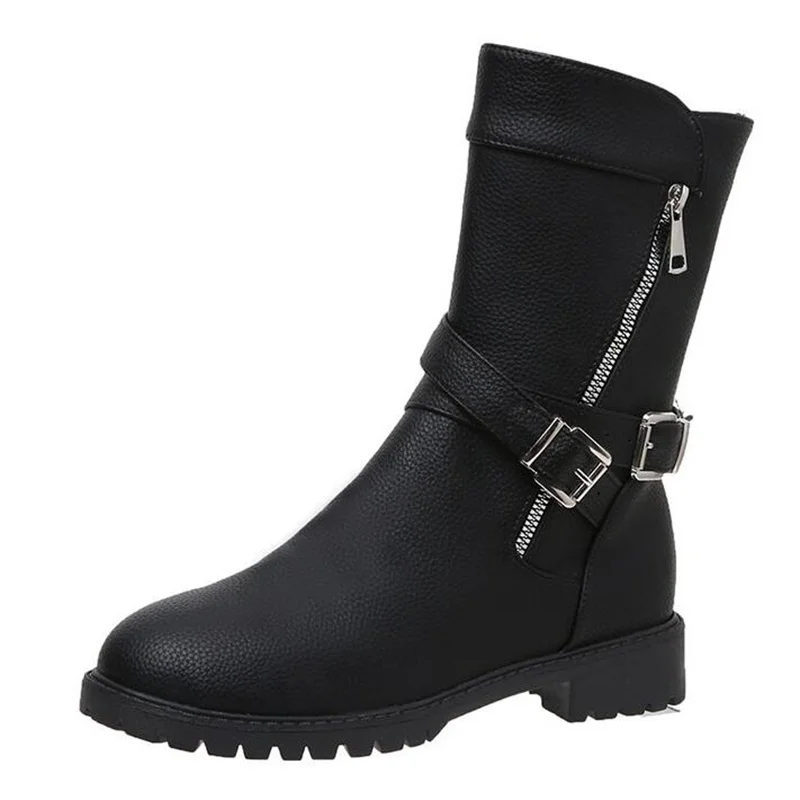New style autumn and winter thick heel large female boot side zipper leather casual thick-soled riding boots female shoes