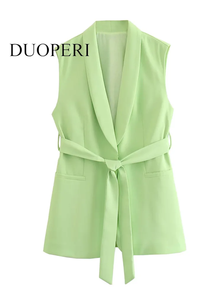 

Женская модная винтажная жилетка DUOPERI с ремнем, зеленая безрукавка на одной пуговице, жилет с V-образным вырезом, женские офисные безрукавки