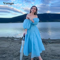 verngo a line light blue organza prom dresses sweetheart puff short sleeves tea length simple graduation party dress formal gown