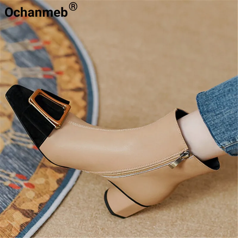 

Ochanmeb Women Real Leather Ankle Boots Brand Mixed Colors Medium Heel Metal Buckle Zipper Short Boot Ladies Autumn Winter Shoes