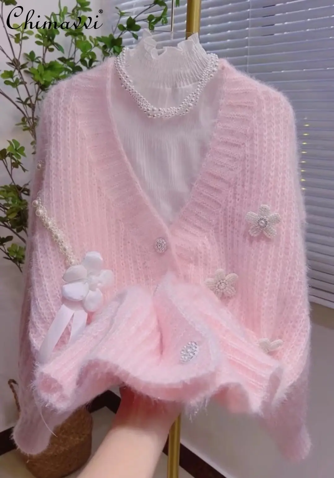 

Exquisite Flowers Knitted Cardigan for Women 2022 Autumn and Winter New Fashion Loose Beaded V-neck Long Sleeve Sweater Coat