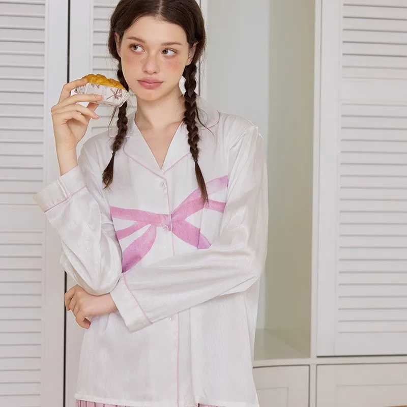 Рубашки с бантом и брюки-стрипа милый повседневный пижамный костюм новинка 2025