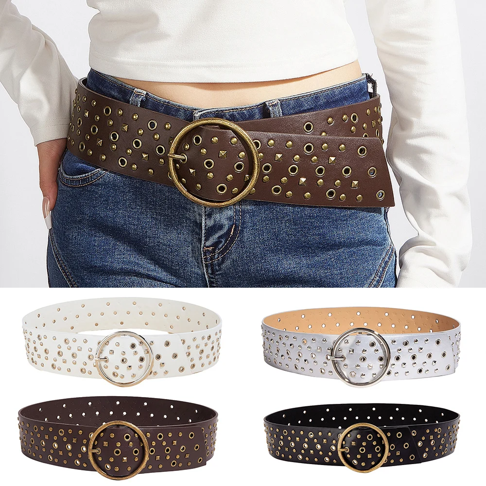 Fashion Chic Harajuku Y2K PU Belt Big Metal Round Buckle Waist Strap For Women Casual Estetyczne Vintage Brown Akcesoria