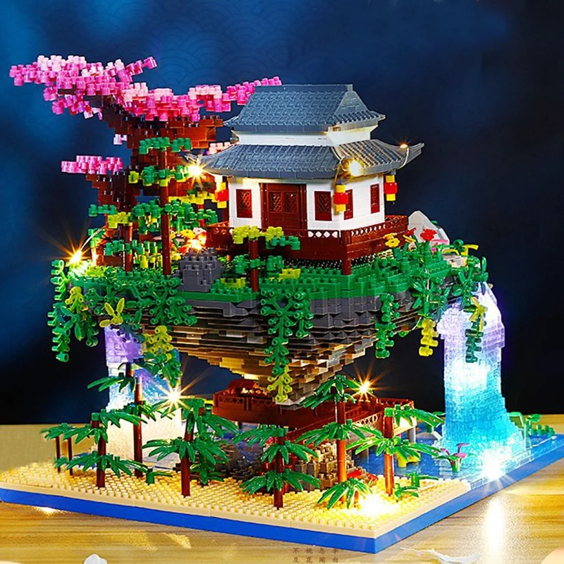 Suzhou Garden Temple Pavilion Island Waterfall Pool LED Light Mini Diamond Blocks Bricks Model Toy for Children and Adults