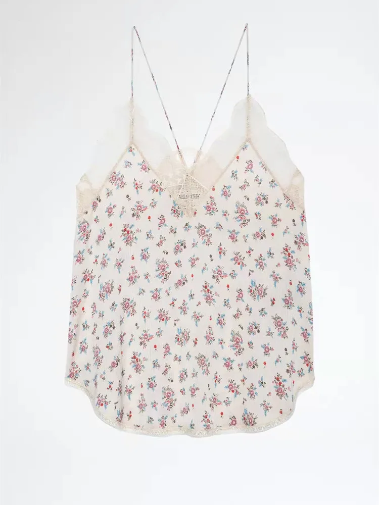 

100% Viscose Women Floral Printed Camisole V-Neck Sexy Sleeveless Lace Stitching Camis Summer 2022 Female Sweet Sling Tops