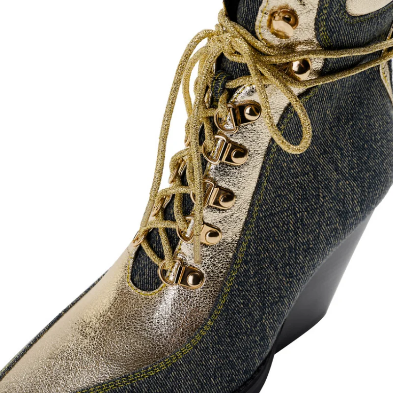 2023 New Pointy Head Color Combination Low Tube Front Strap Wedge High Heels Sexy Big Size Fashion Boots WomanM6130-1