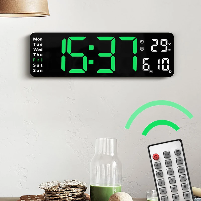 Digital Wall Clock Large Alarm Clock Remote Control Date Week Temperature Clock Dual Alarms LED Display Clock Living Room Dec