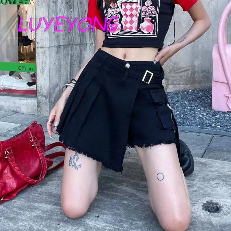 

Женская джинсовая юбка на пуговицах, короткие шорты цвета фуксии черного цвета с пряжкой-пуговицами, одежда в Корейском стиле на лето, 2023