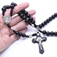 fashion 8mm black wooden rosary necklace religious elegant catholic big cross pendent for women men fashion beads jewerly