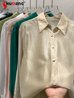 woman button up shirt solid color stylish thin long sleeve top 2022 summer fall new female sun protection shirts blusa feminina