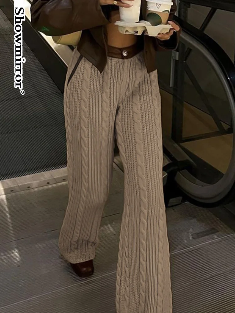 Showmirror Harajuku Knit Warm Winter Woman Pants Contrast Waist Vintage Elegant Wide Leg Trousers Women Korean Fashion Sweatpant