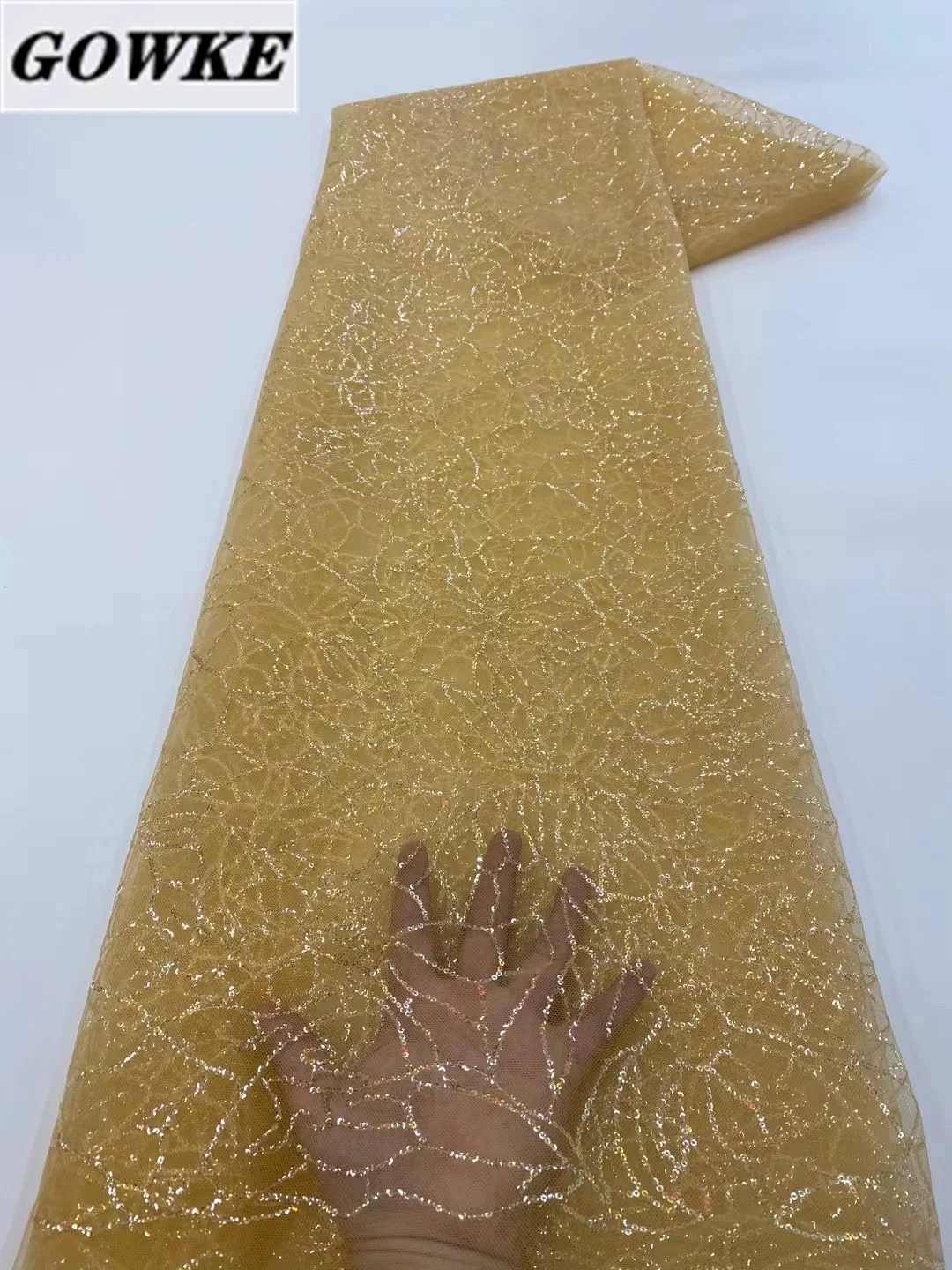 

Роскошная нигерийская французская Тюлевая ткань ручной работы с блестками 5 ярдов, сетчатая ткань высокого качества, африканская Роскошная бисерная ткань для свадебного платья