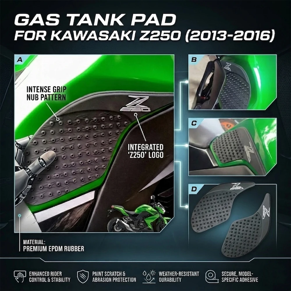 Фото Для мотоцикла Kawasaki Z250 2013-2016: Накладка на бензобак, противоскользящая боковая накладка-протектор для коленей, наклейка-декаль №4