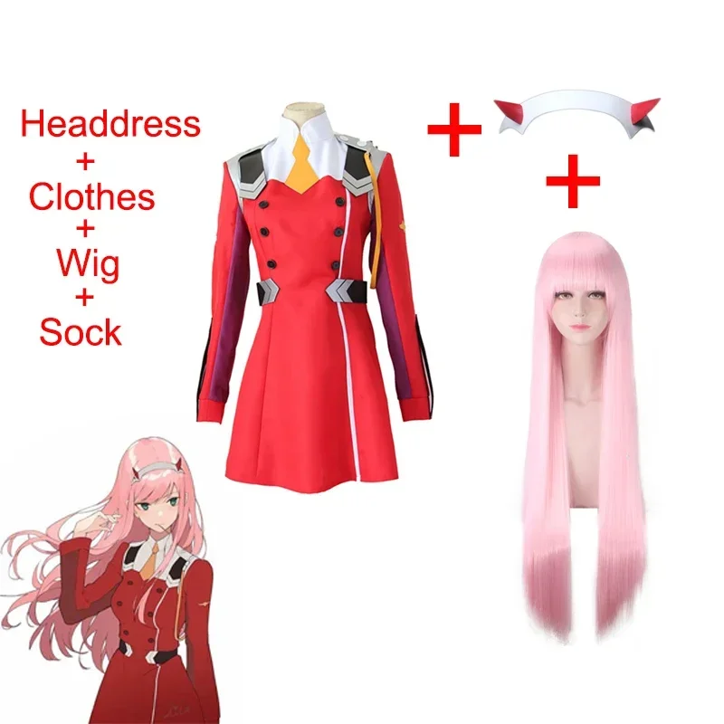DARLING in the FRANXX Code002 Полный костюм для косплея юбка включает черные чулки парик