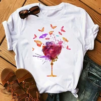 butterfly and wine printed t shirt new women t shirt fashion ladies cute graphic tee tops 90s female short sleeve o neck t shirt