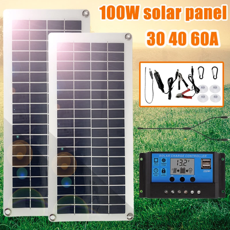 

100W Solar Panel Kit Complete 12V Dual USB With 30-60A Controller Solar Cells for Car Yacht RV Boat Moblie Phone Battery Charger