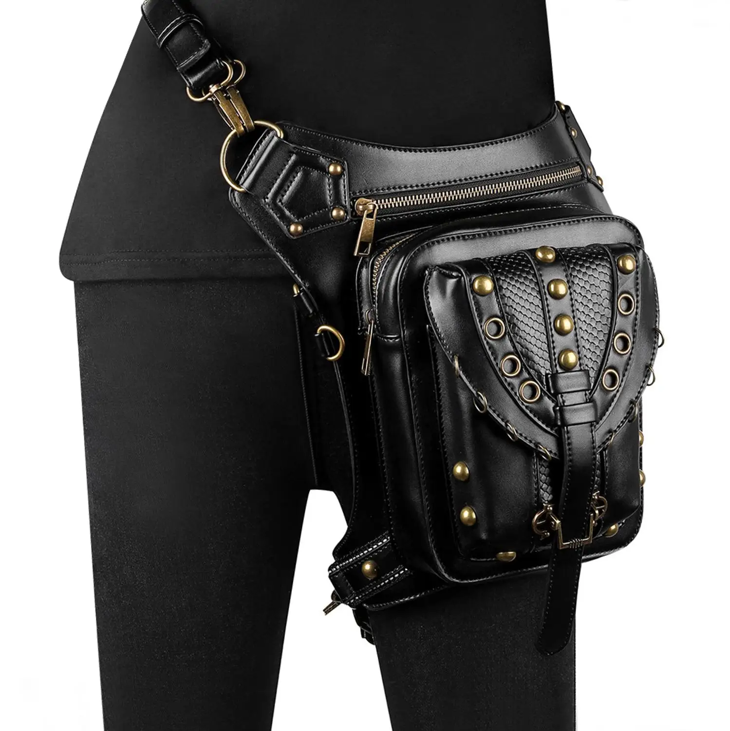

Fashion Steampunk Waist Leg Bags Hiking Fanny Pack Men Women's Shoulder PU Leather Outdoor Travel Motorcycle Riding Bag
