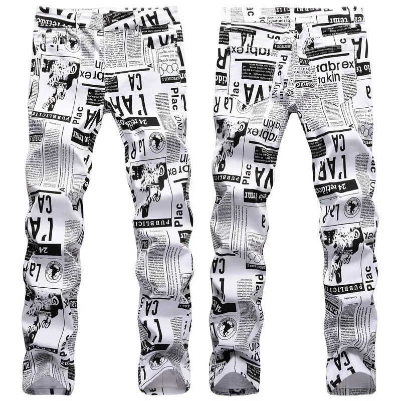 

Trendy nightclub explosive irregular personality printed jeans men painted casual fashion Slim tide pants