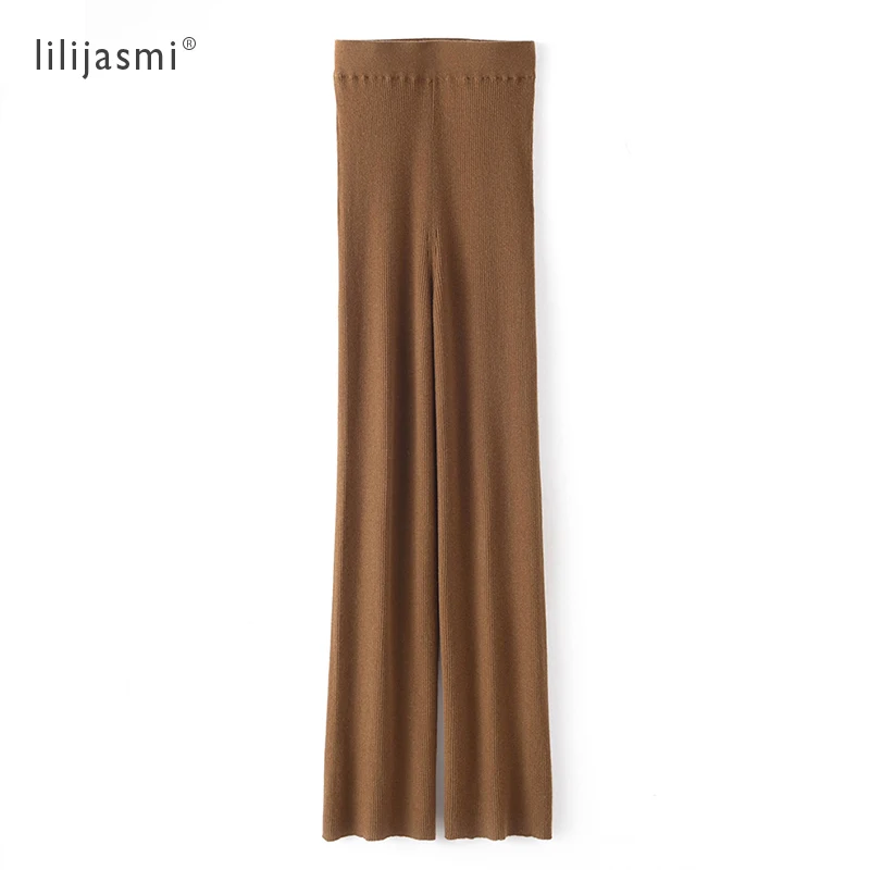 

100% Merino Wool Worsted Yarn Knit Thin Ribs Pants All-match Long Trousers Slim Soft Women Spring Must Have Full Length #2249