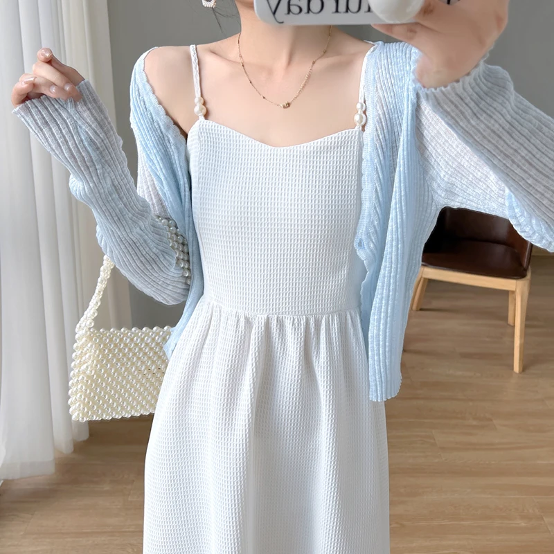 

Summer Women's Dress 2021 2022 New French Style Cute Vintage Spaghetti Strap White Blue Cardigan Dresses Dropshipping
