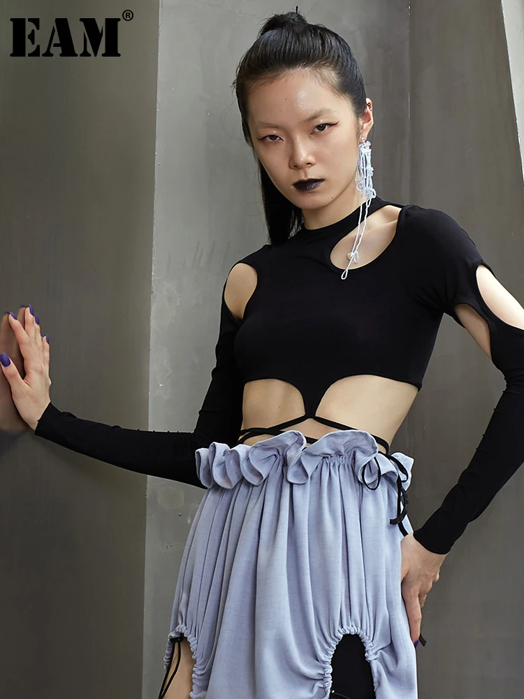 

[EAM] Women Black Casual Irregular Hollow Out Bandage T-shirt New Round Neck Long Sleeve Fashion Tide Spring Summer 2023 1DD8895
